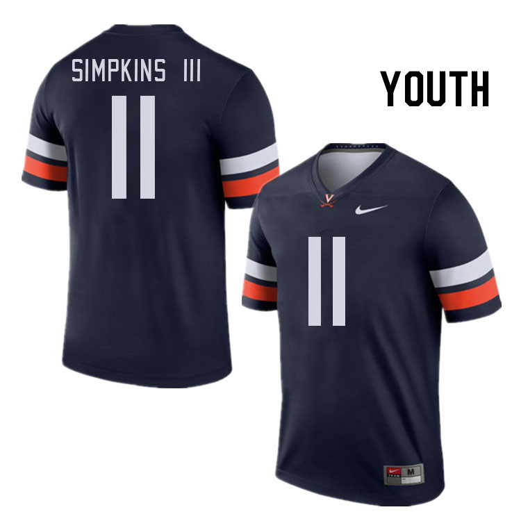 Youth #11 William Simpkins III Virginia Cavaliers College Football Jerseys Stitched Sale-Navy - Click Image to Close